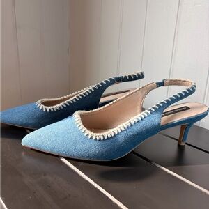 Denim Slingback Kitten Heel Pumps - Blue